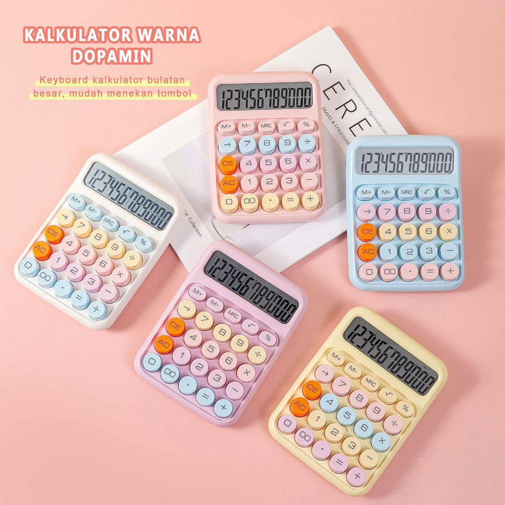 

Kalkulator Kawai Korea Dopamin Keyboard Dot Warna 12 Digit Angka Display Besar