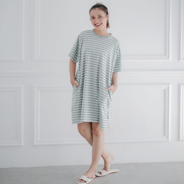 Hot Produk Dress Wanita Daster Kekinian Stripe Korean Style Midi Bumil Nana Size L  Katun - SAGE GRE