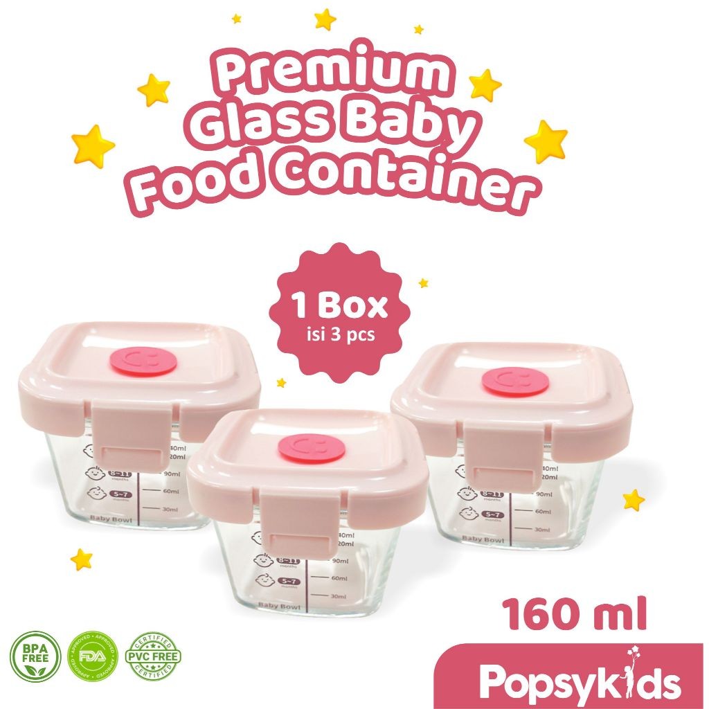 Popsykids Baby Food Container - Wadah MPASI Bayi BPA Free 3 pcs / Wadah Kaca MPASI Bayi
