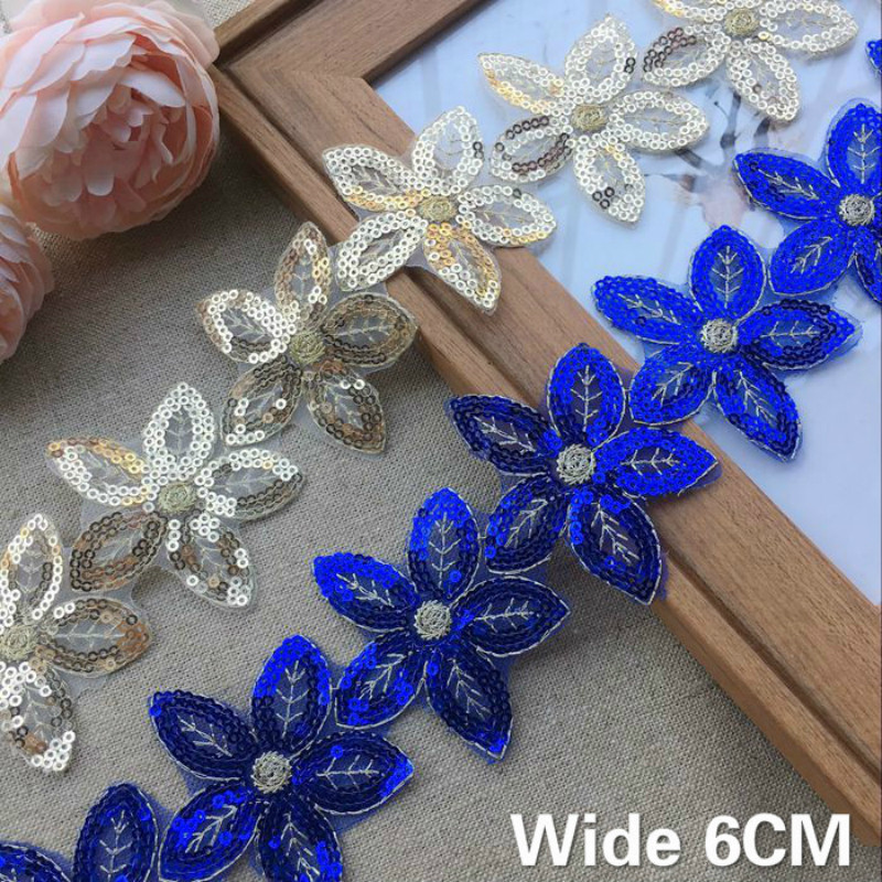 

Hot 6CM Wide Glitter Organza Lace Fabric Sequins Beaded Flowers Embroidered Ribbon Collar Trim Applique For Wedding Dress Sewing