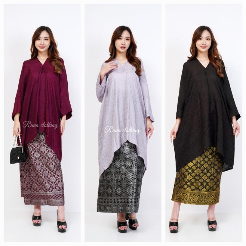 NOFOSHOP SETELAN ARUNA BLOUSE KAFTAN TUNIK VISCOSE ROK SONGKET LILIT TERBARU