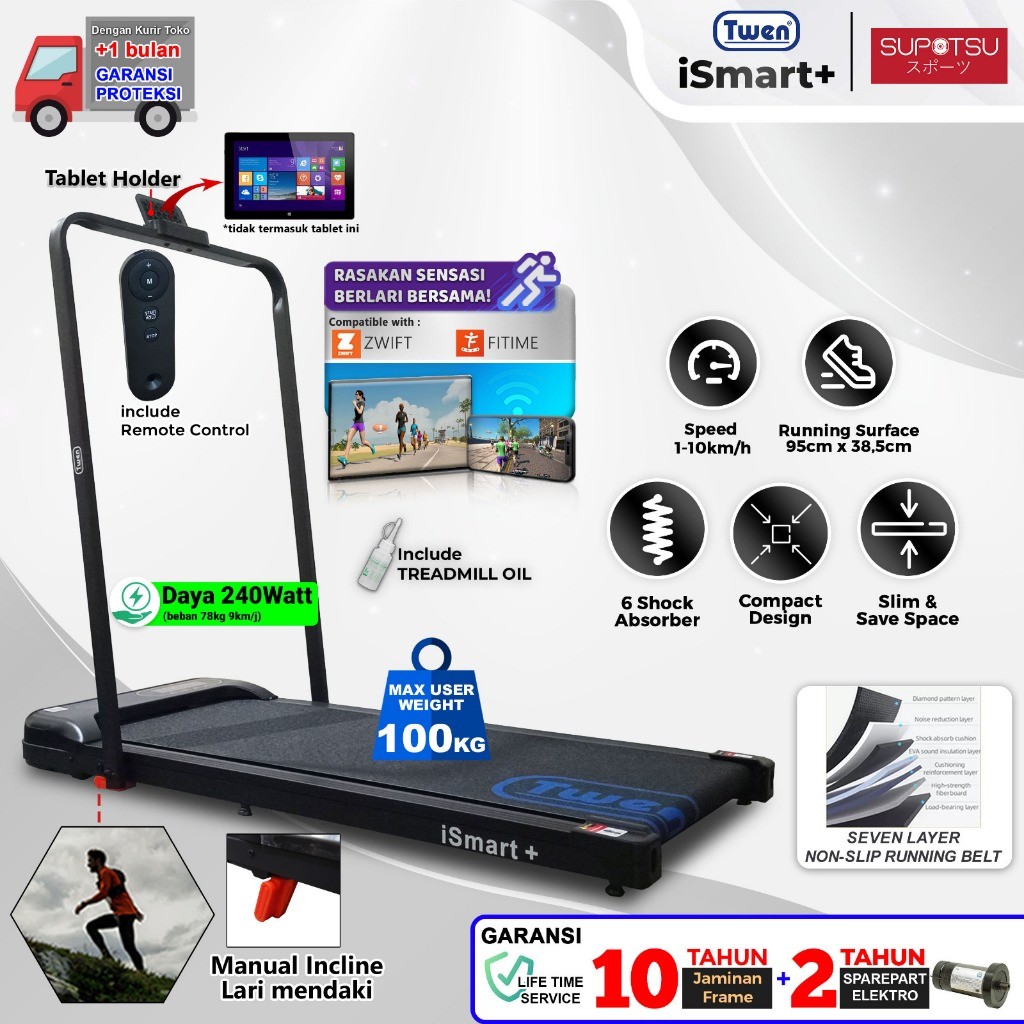 Twen Running Pad Walking Pad Treadmill Electric Low Watt Alat Olahraga Treadmill Portable