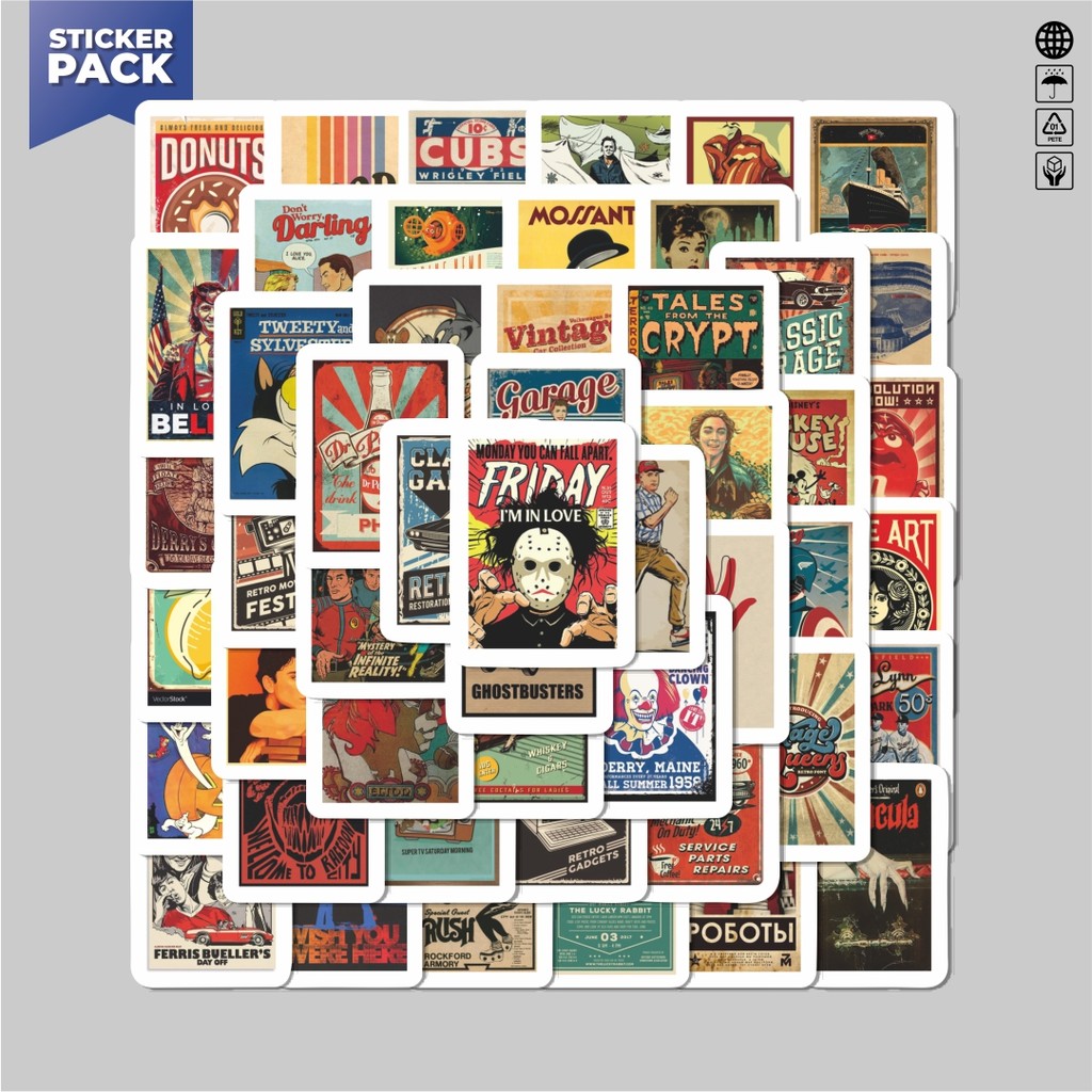 

[100PCS]Stiker Pack Stiker Classic Retro Poster Aesthetic Vinyl Anti Air Dekorasi Sticker Laptop Buku Journal Koper Helm Casing HP Gitar Helm Skateboard