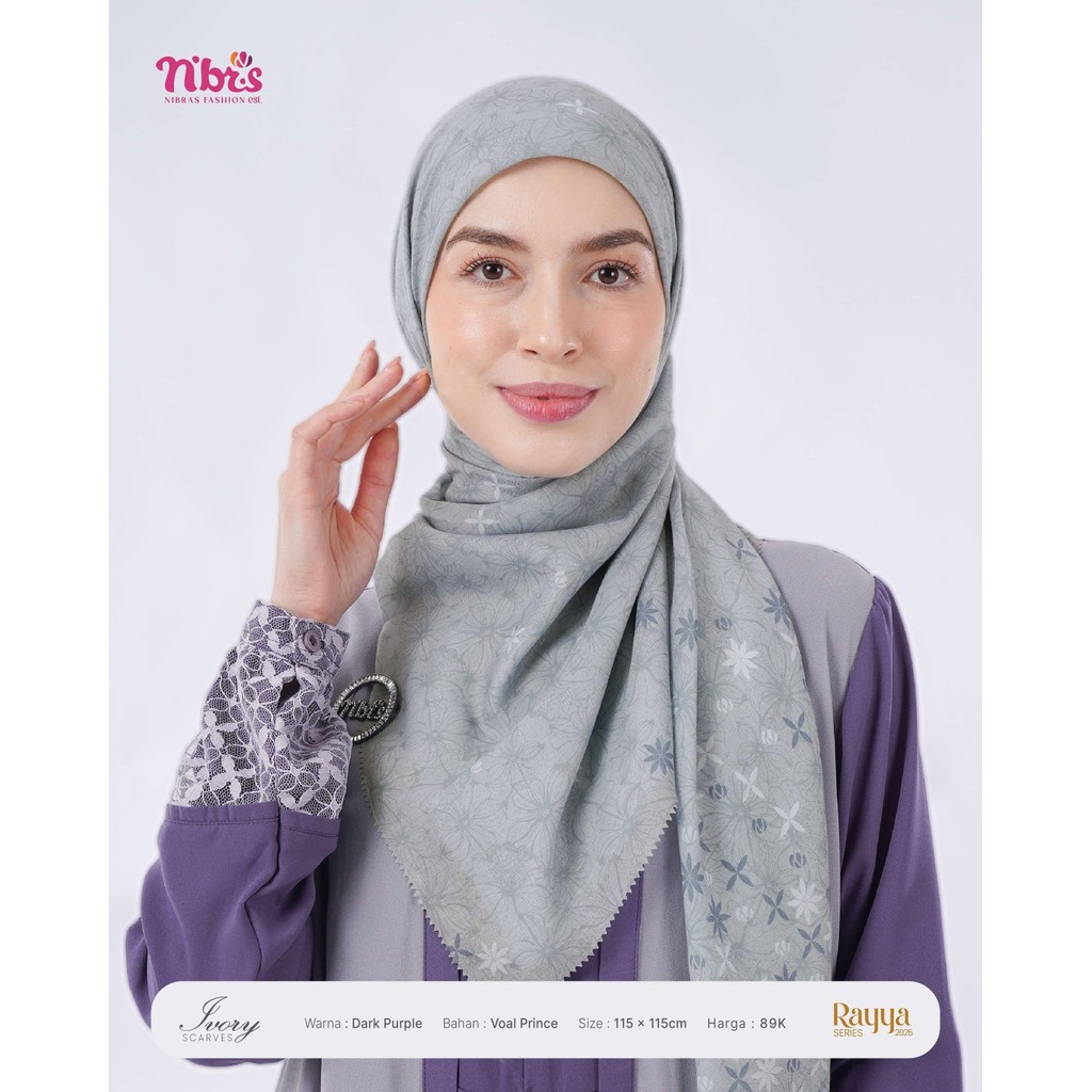 GUDANG NIBRAS1 Ivory Scarves Hijab Segi Empat Modern,Scarves Motif Kekinian Bahan Voal Warna Rose Go