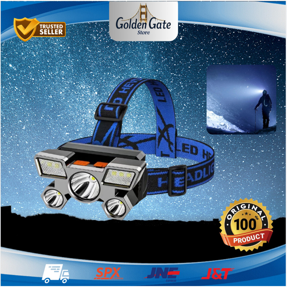 Headlamp Senter Kepala 5 LED || Lampu Camping Hiking Outdoor || USB Rechargeable Headlamp