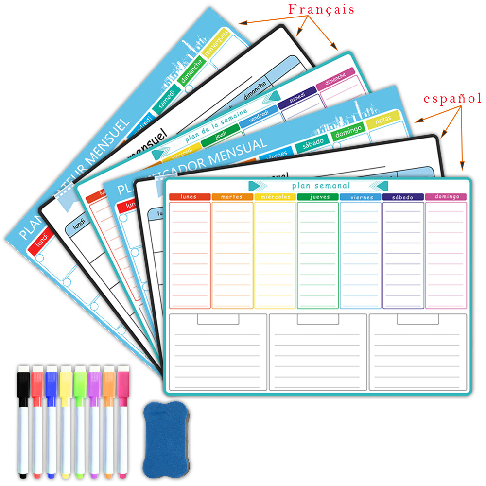 

A3 Weekly & Monthly Planner With Spanish,French,English.Magnetic Dry Erase Whiteboard Fridge Sticker Calendar Bulletin Board