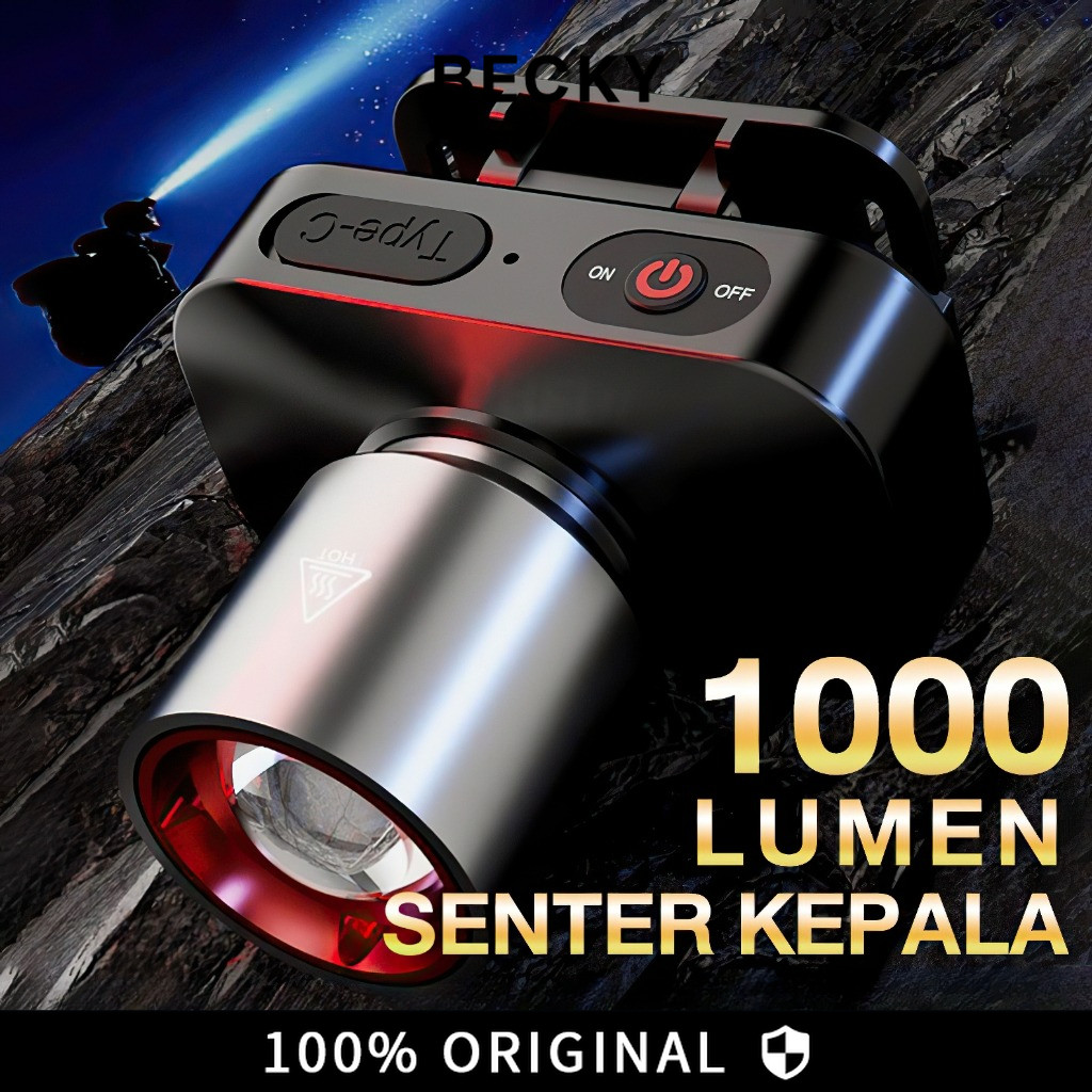 【Garansi 10 tahun】 BECKY Senter Kepala Cahaya Maksimal Plus RechargePro dengan USB Fokus & Penyebara