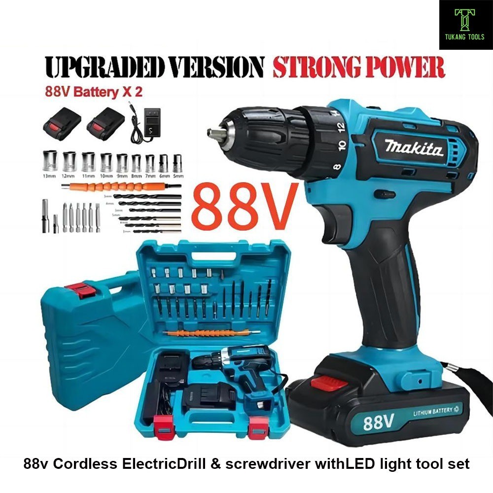 MAKITA 88vf Mesin bor 2baterai cas 10mm bor listrik murah bor tangan baterai besi tembok Beton kayu 