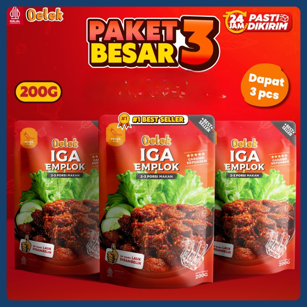 

Oelek Paket Bertiga Besar Iga Emplok Oelek - 3 Pack 200 gram Iga Emplok / Iga Mercon / Iga Sambal / Oseng Iga