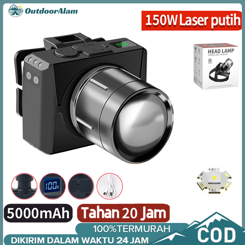 Senter Kepala Zoom Super Terang 1300 Lumen 150 Watt Baterai 5000 mAh -Senter Kepala Cahaya Tampilan 