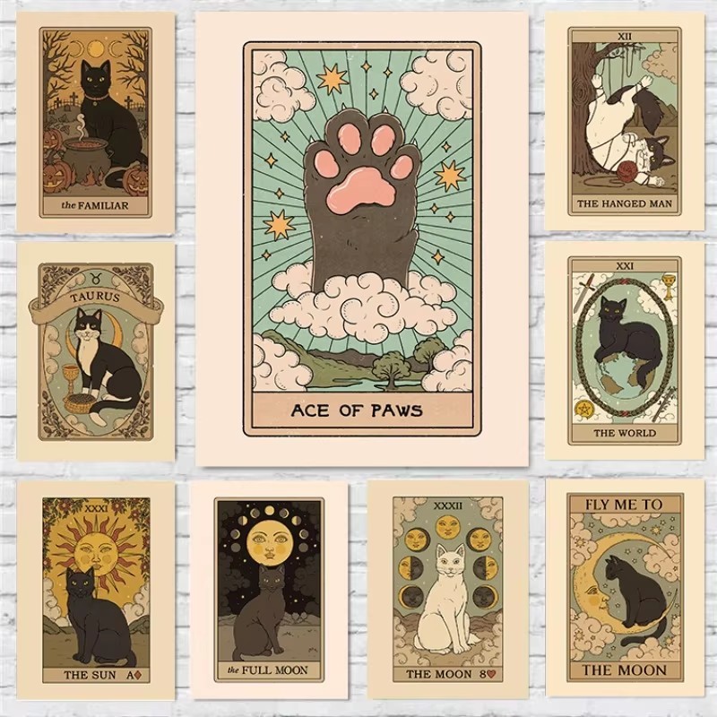 

Vintage Tarot Card Moon Sun Love Death Cat Protector Nordic Poster Canvas Paintings Wall Art Pictures Home Bedroom Decor