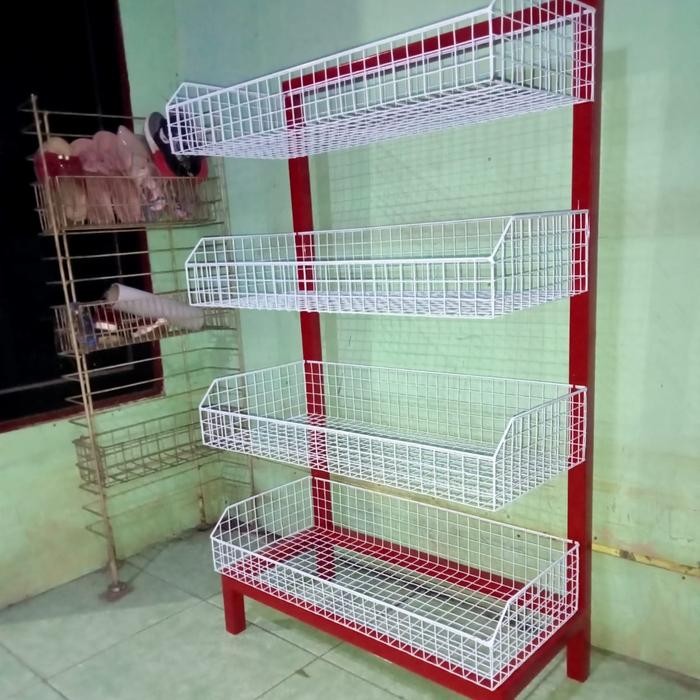 Rak Ciki Toko warung Chiki Snack ukuran Besar Serbaguna 4 susun murah - Merah, 120cm