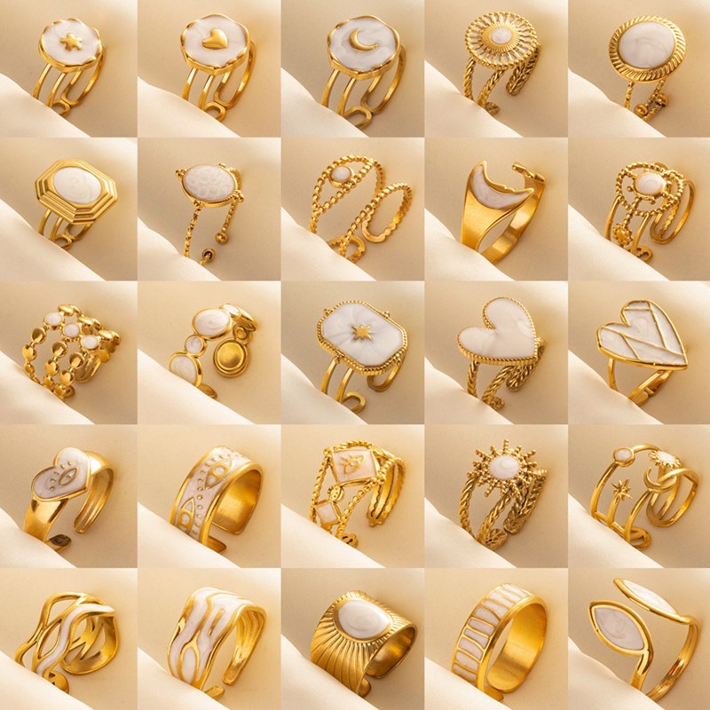

White Drip Oil Real Gold Plated Star Heart Eye Ring Open Adjustable Vintage Stainless Steel Rings For Women Men Jewelry Birthday