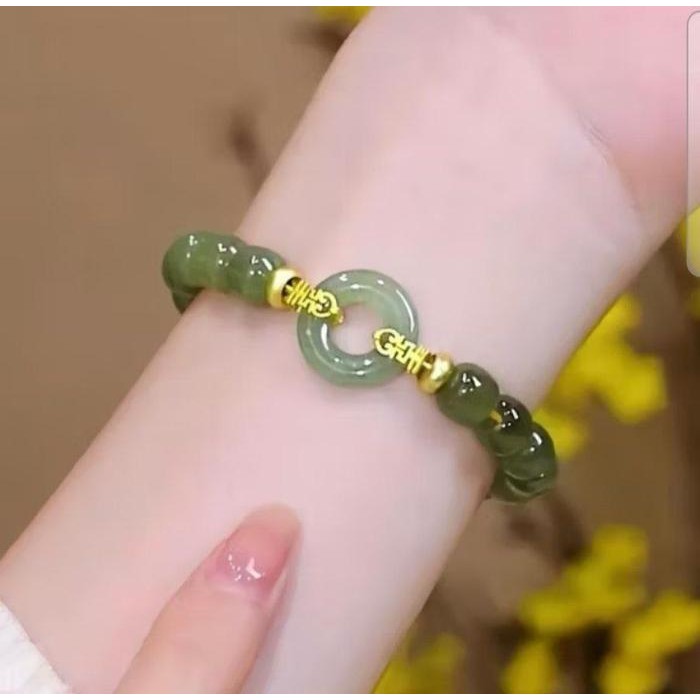Gelang Giok Hijau Berlapis Emas Gelang Giok Cina Impor Asli Gelang Keamanan Manik-manik Dzi Estetika