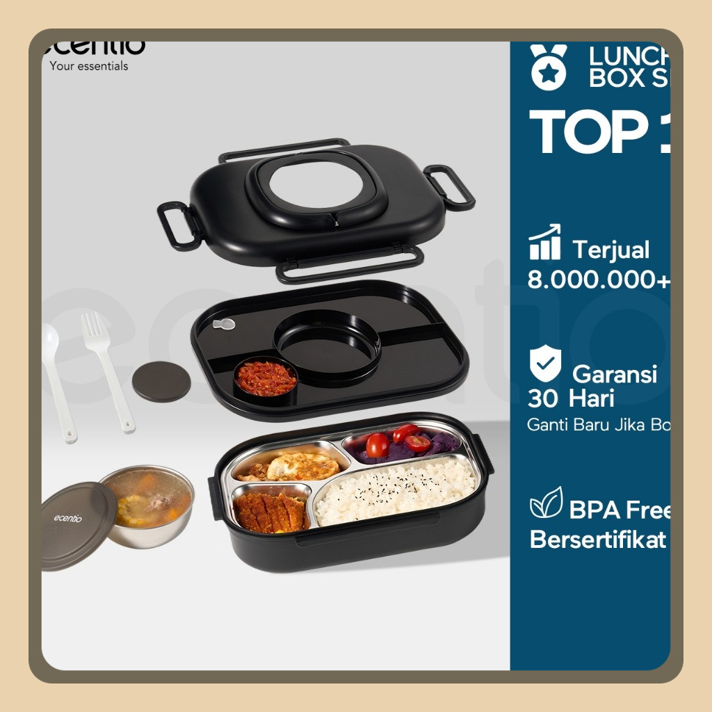 ecentio 4 Sekat Kotak Makan Set 1100ml anti tumpah Lunch Box Set Stainless sendok free tempat sup