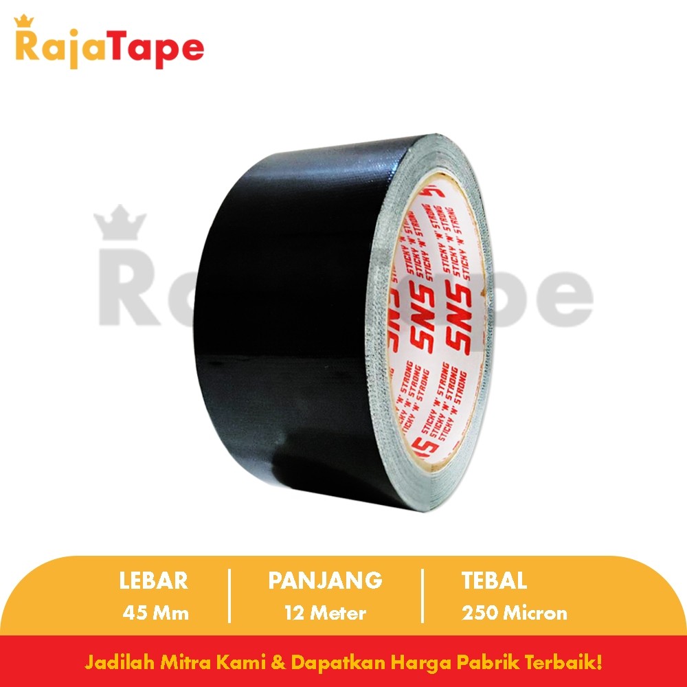 

KHUSUS SAMEDAY / INSTANT (1 Karton) Lakban Kain Hitam / Cloth Tape 12 Meter x 45 Mm x 250 Mic Sticky N Strong (SNS)