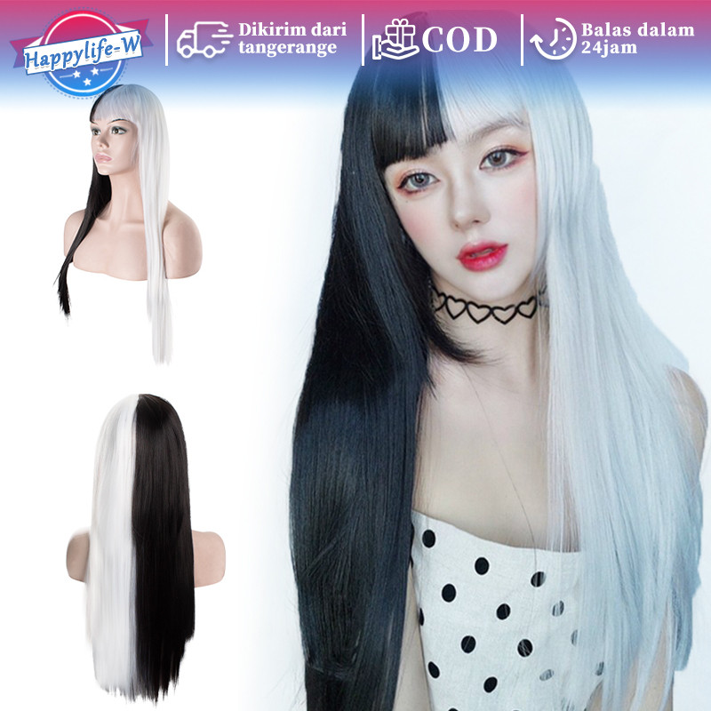 Wig Cosplay Anime Wig Daily Lolita Wig Rambut Lolita Wig Dua Warna-Hitam/Putih