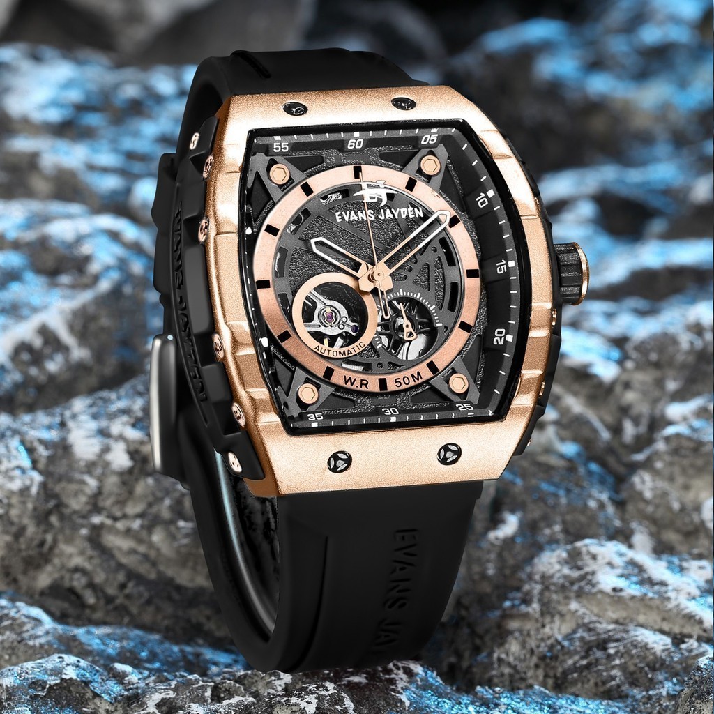 [ DISKON ] Evans Jayden Jam Tangan Pria 9564 Rubber Automatic Kaca Safir 5ATM