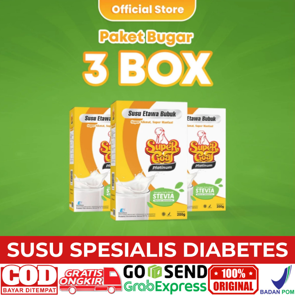 

SUPERGOAT PLATINUM STEVIA Susu Kambing Etawa Spesialis Diabetes & Gula Darah Tinggi Paket Isi - 3Box