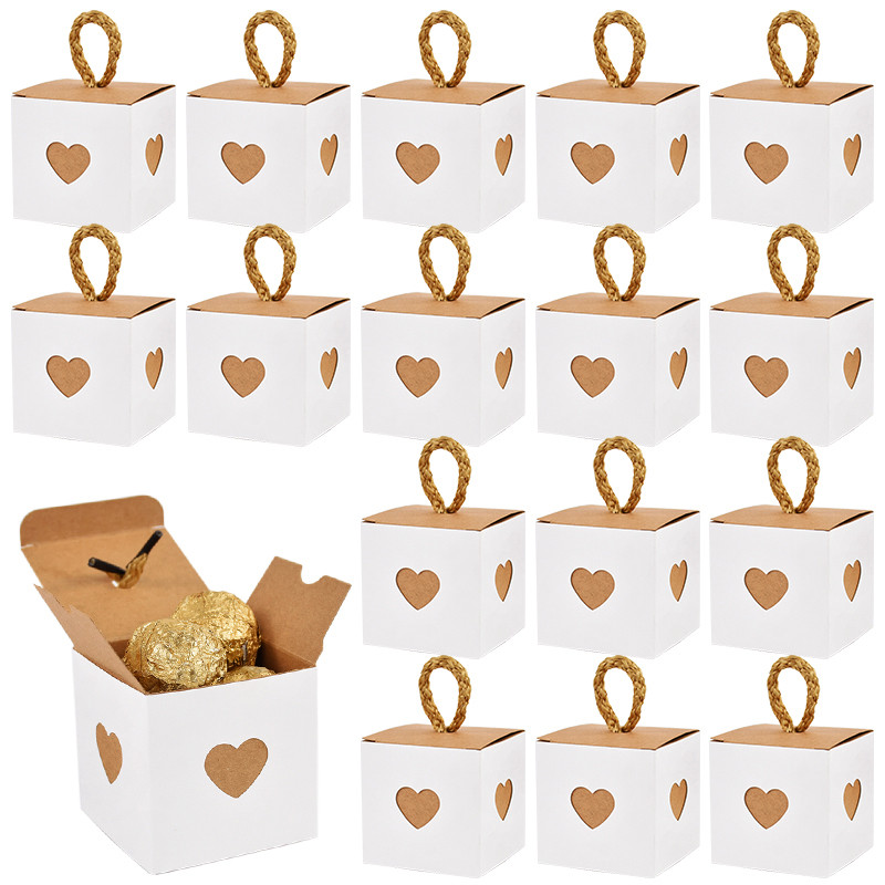 

10/50pcs White Brown Heart Candy Gift Boxes Wedding Birthday Party Favors for Guests Baby Shower Chocolate Cookie Packaging Box