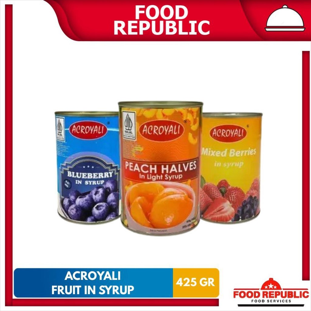 

Acroyali Buah PEACH / BLUBERRY / MIX BERRY IN SYRUP - Buah Dalam Kemasan 425gr