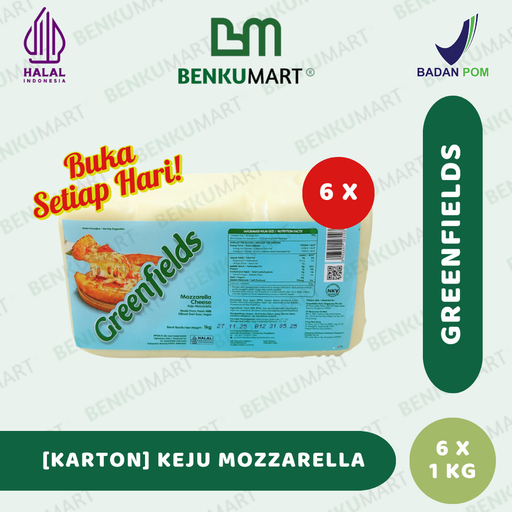

[KARTON] Keju Mozarella Greenfields (6 x 1 KG) | Mozzarela Cheese | Keju Moza (6 x 1000 gr)