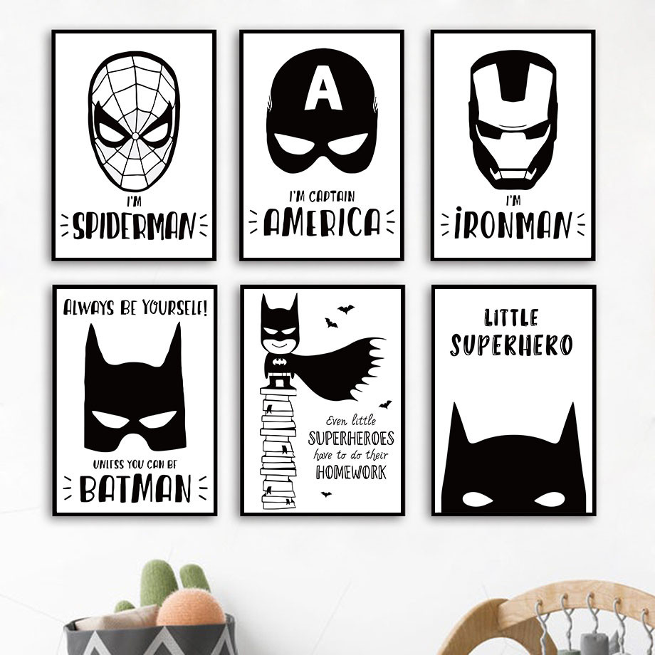 

Wall Art Canvas Painting Bat Comic Black White Superhero Movie Nordic Posters And Prints Boy Kids Pictures Baby Kids Room Decor