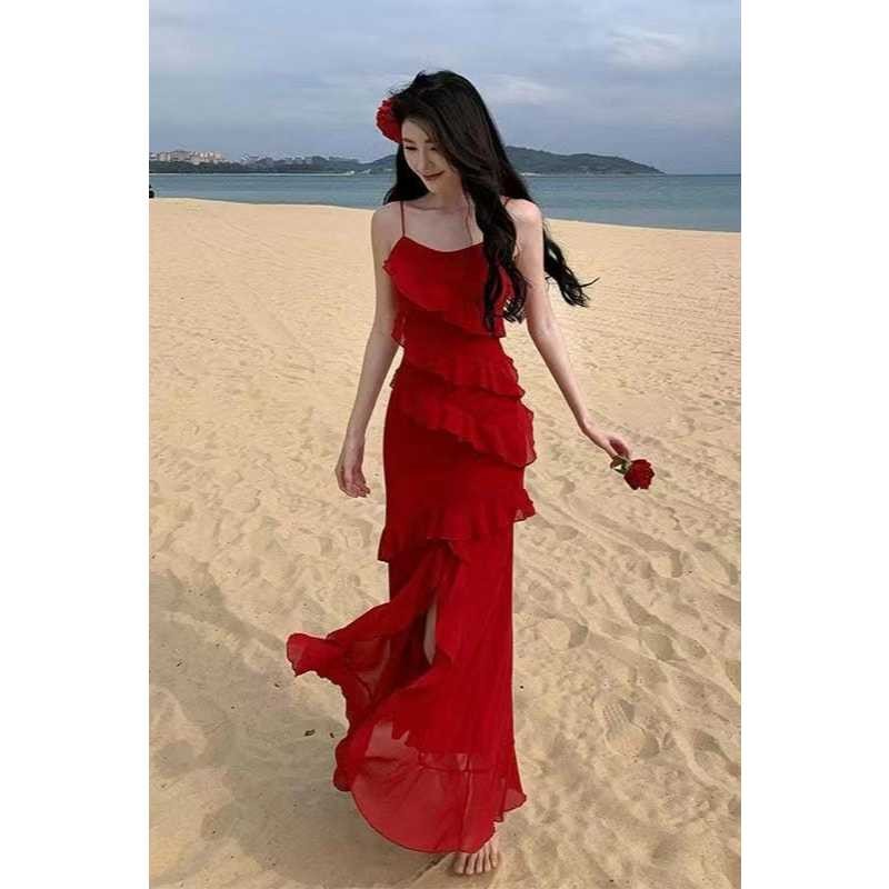 𝐑𝐄𝐀𝐃𝐘 𝐒𝐓𝐎𝐂𝐊 𝐒𝐀𝐅 - YUVI wine red long dress woman premium / coquette dress / korean summer dress / be