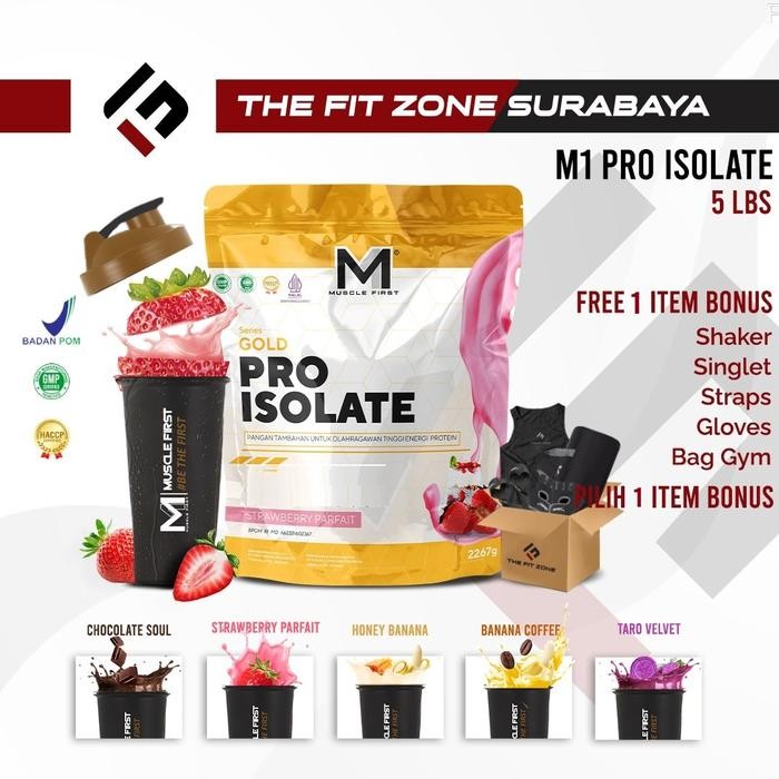 M1 Muscle First Gold Pro Isolate 5 Lbs BPOM Whey Protein Isolate - HONEY BANANA, SHAKER M1