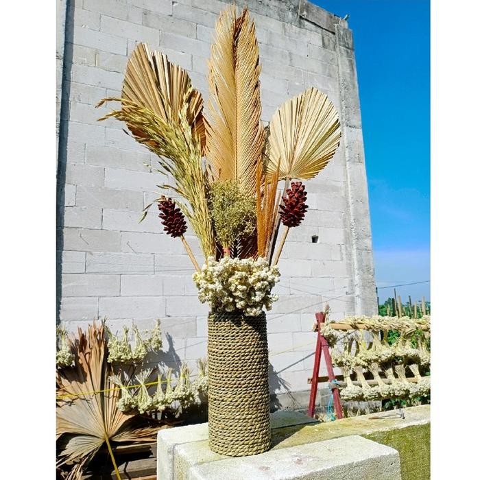 Bunga Kering+Pot Mendong/Daun Palem Kering/Bunga Kering Aesthetic Pot - Bunga saja, Natural