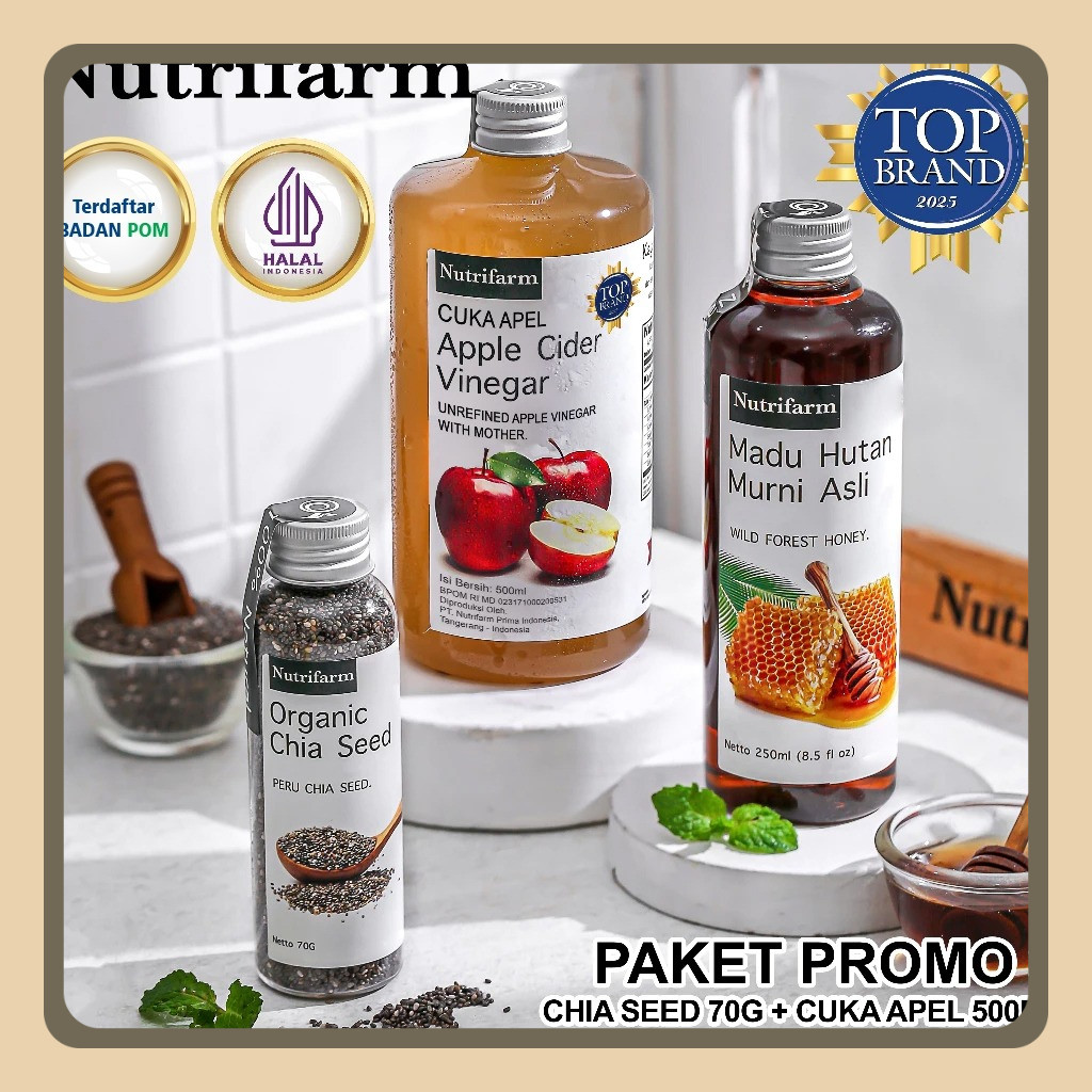 

Nutrifarm Paket Promo 3 3In1 Cuka Apel Madu Hutan Chia Seed / Cuka Apel 500 ml Madu Hutan 250 ml Chia Seed 70 gram