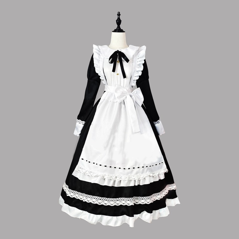 2023 Halloween Cosplay Costumes Anime Apron Maid Role Play Long Dress Plus Size Black White Lolita L