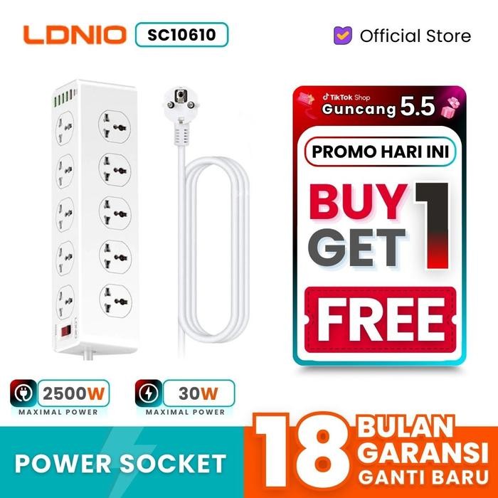 LDNIO SC10610 Power Strip Extension Stop Kontak 10 Socket 5 USB 1 PD - SC10610