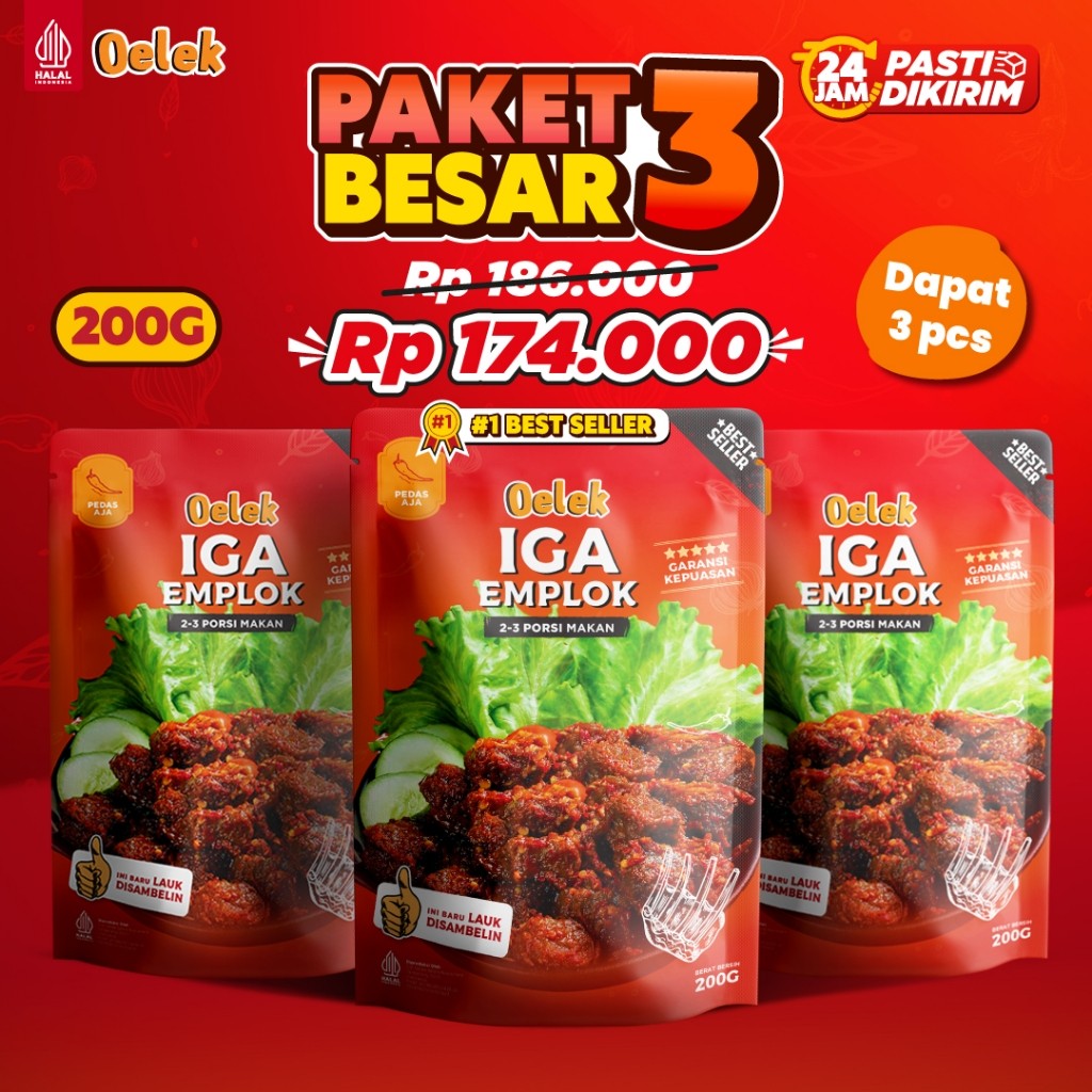 

Oelek Paket Bertiga Besar Iga Emplok Oelek - 3 Pack 200 gram Iga Emplok / Iga Mercon / Iga Sambal / Oseng Iga