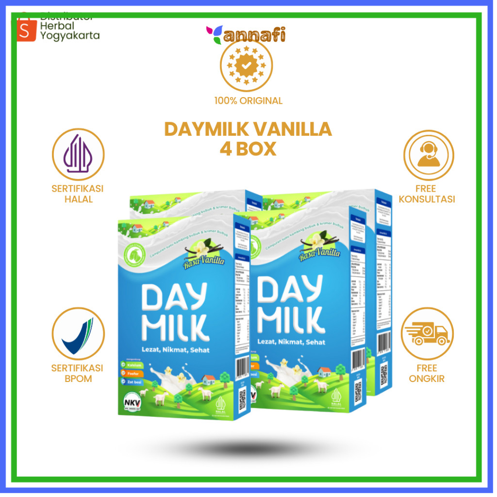

Daymilk Rasa Vanilla - Susu Kambing Etawa Untuk Tulang , Sendi , Pernafasan & Jantung - 4 BOX