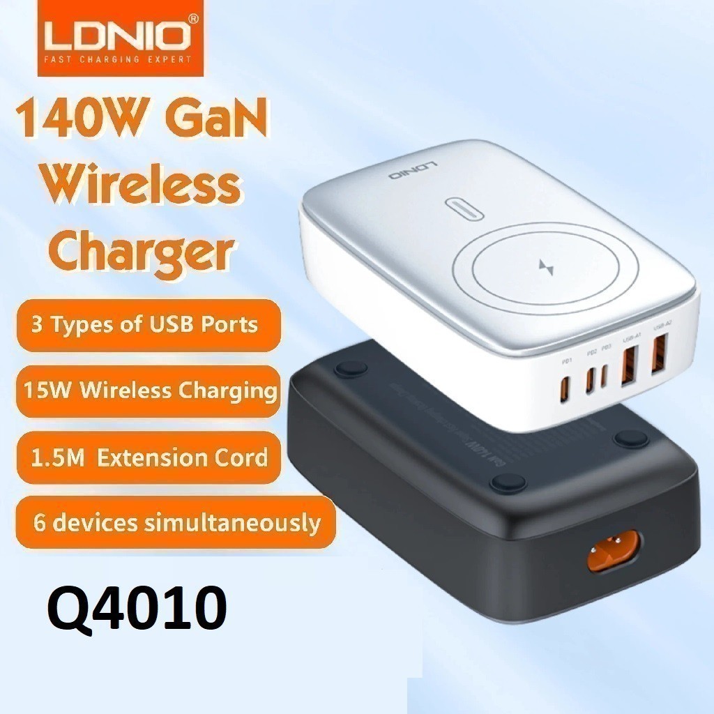 GROSIRUNIK99 LDNIO Q4010 - 6-in-1 Multiport Desktop Charger GaN 140W Total Power - Built-in Wireless
