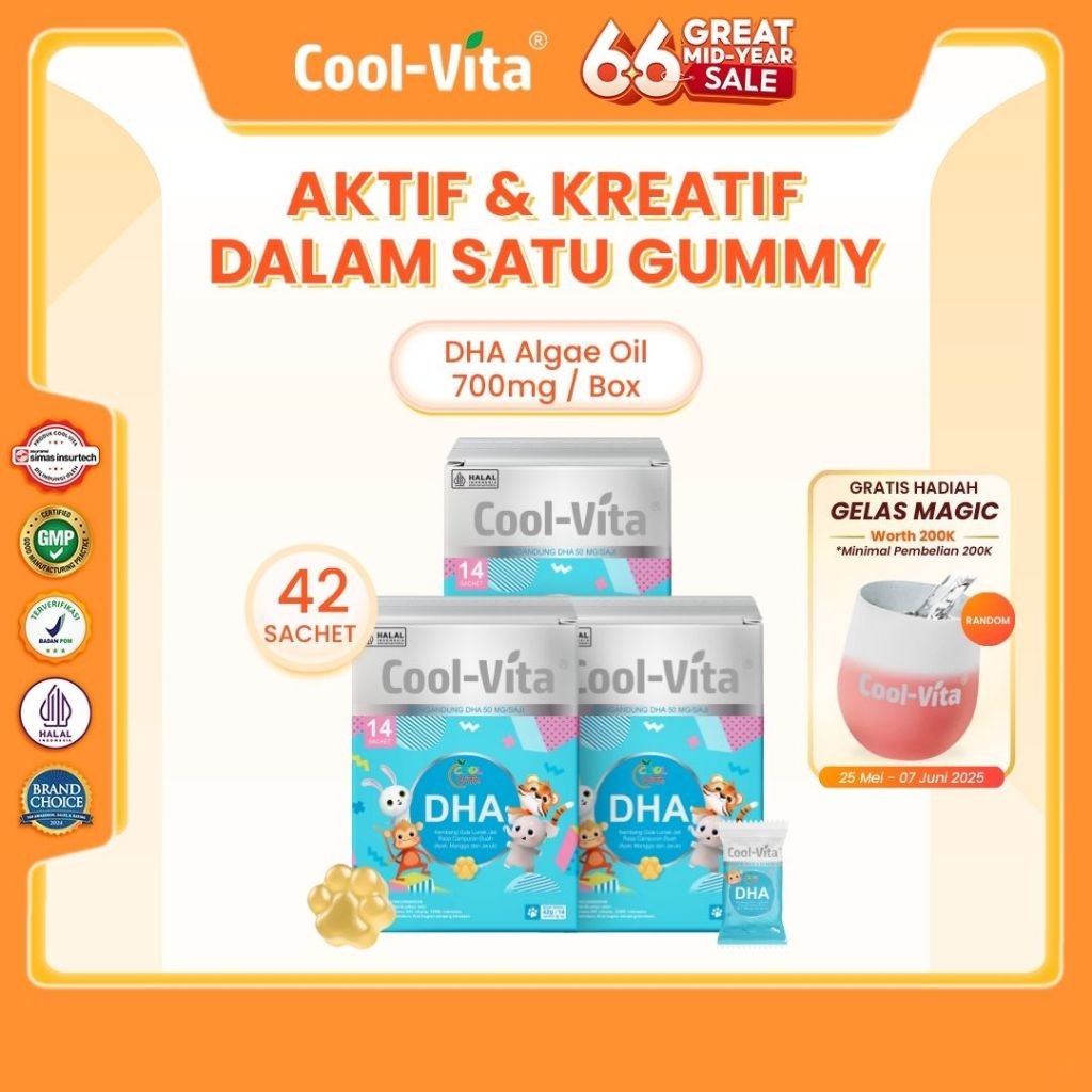 

DHA Gummy 700mg untuk Anak 3 Box Isi 42 Coolvita – Nutrisi Otak Aktif & Kreatif, Dukung Imajinasi & Energi Si Kecil | Vitamin Anak Lezat & Mudah | Nutrisi Otak Anak Kreatif | Vitamin Anak Mudah Dikonsumsi | Gummy DHA Untuk Konsentrasi Anak