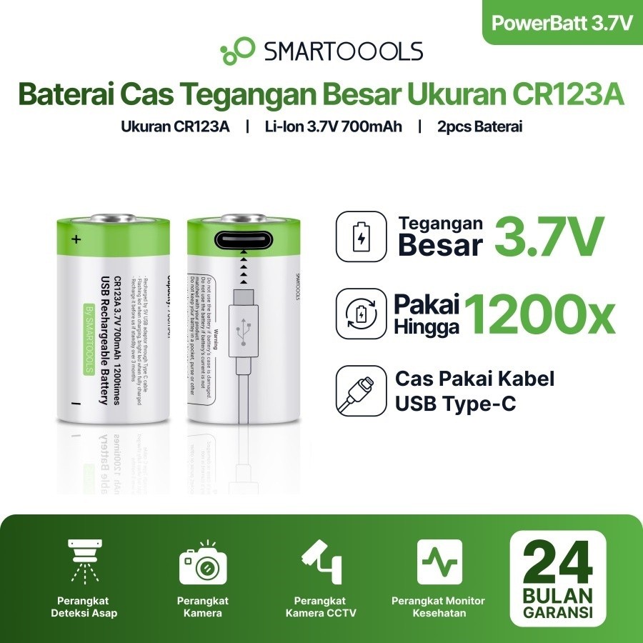 Baterai CR123A Cas Isi Ulang Smartoools Powerbatt CR123 3.7V Rechargeable Battery