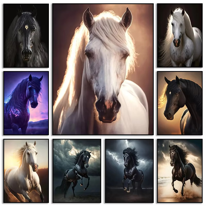 

Black and White Wild Horses Canvas Paintings on The Wall Art Posters Prints Wall Picture Modern Animals Art Room Decor Frameless