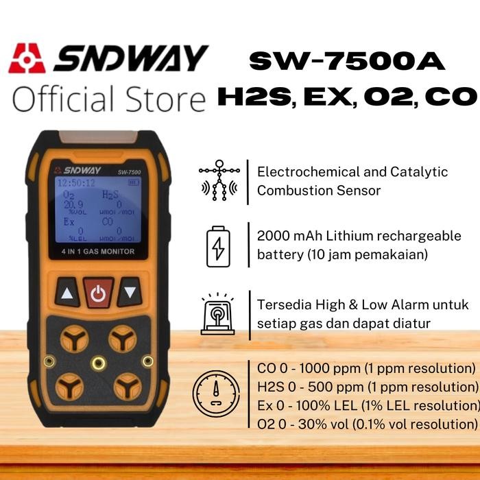 SNDWAY Gas Detector 4 in 1 CO H2S O2 Ex Combustible Gas Sensor Deteksi Gas SW 7500/7500PRO - SW-7500