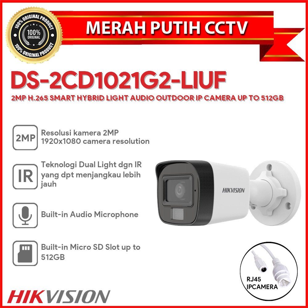 HIKVISION DS-2CD1021G2-LIUF 2MP H.265 SMART HYBRID LIGHT AUDIO OUTDOOR IP CAMERA UP TO 512GB