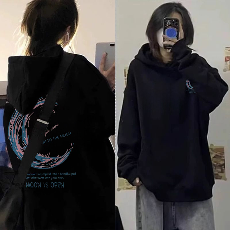 Qlioo Sweater Hoodie Oversize Wanita Cetakan Grafiti Bulan Berwarna-Warni Hoodie Wanita Tebal Premiu