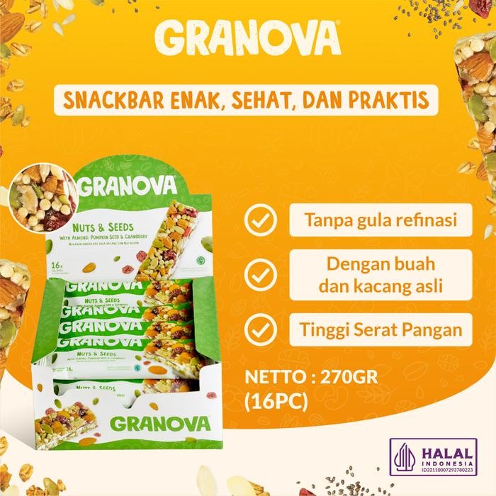 

Granova - Snackbar Nuts & Seeds 26gr x 16pcs - Snack Sehat, Halal - 16pc Terlaris