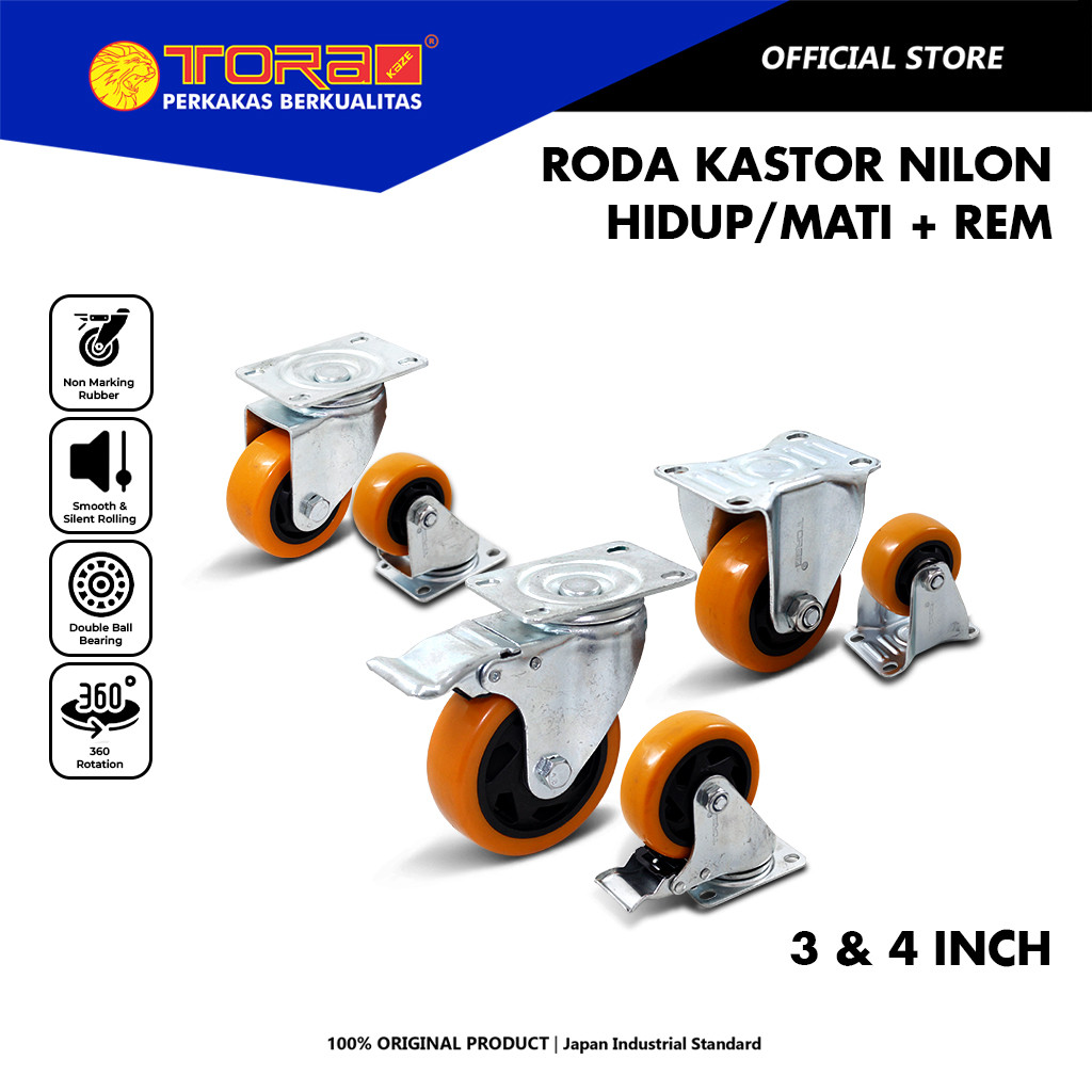TORA Roda Kastor Nilon 3 & 4 Inch Hidup/Mati + Rem Orange - Roda troli Nylon Furniture Troly Etalase