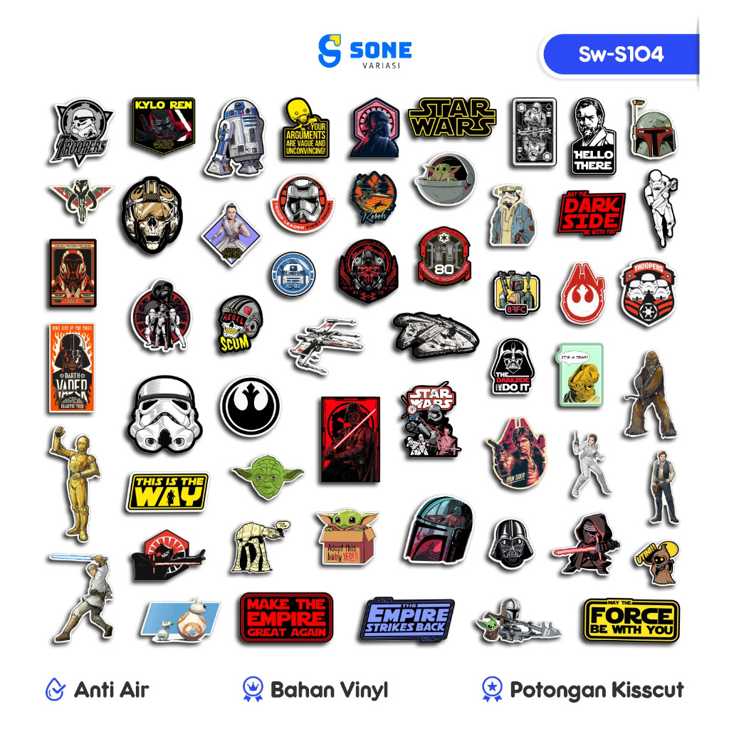 

55 Pcs Stiker Pack Star Wars Vinyl Waterproof Anti Air untuk Sticker Helm Buku Journal Koper Motor Casing HP Laptop Tumbler