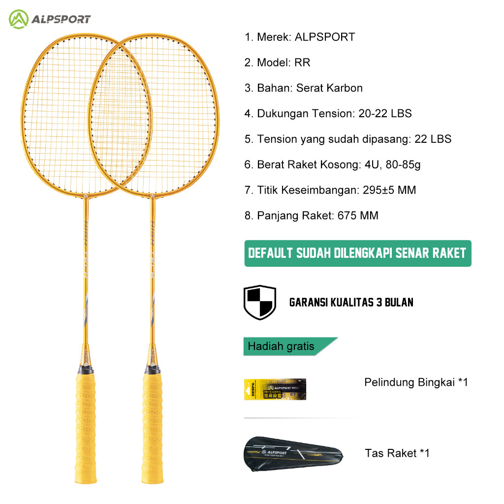 ALPSPORT RR【2Raket + Tas】4U G5 100% Serat Karbon Penuh Desain Asli 22-28Lbs T800 Raket Bulu Tangkis 