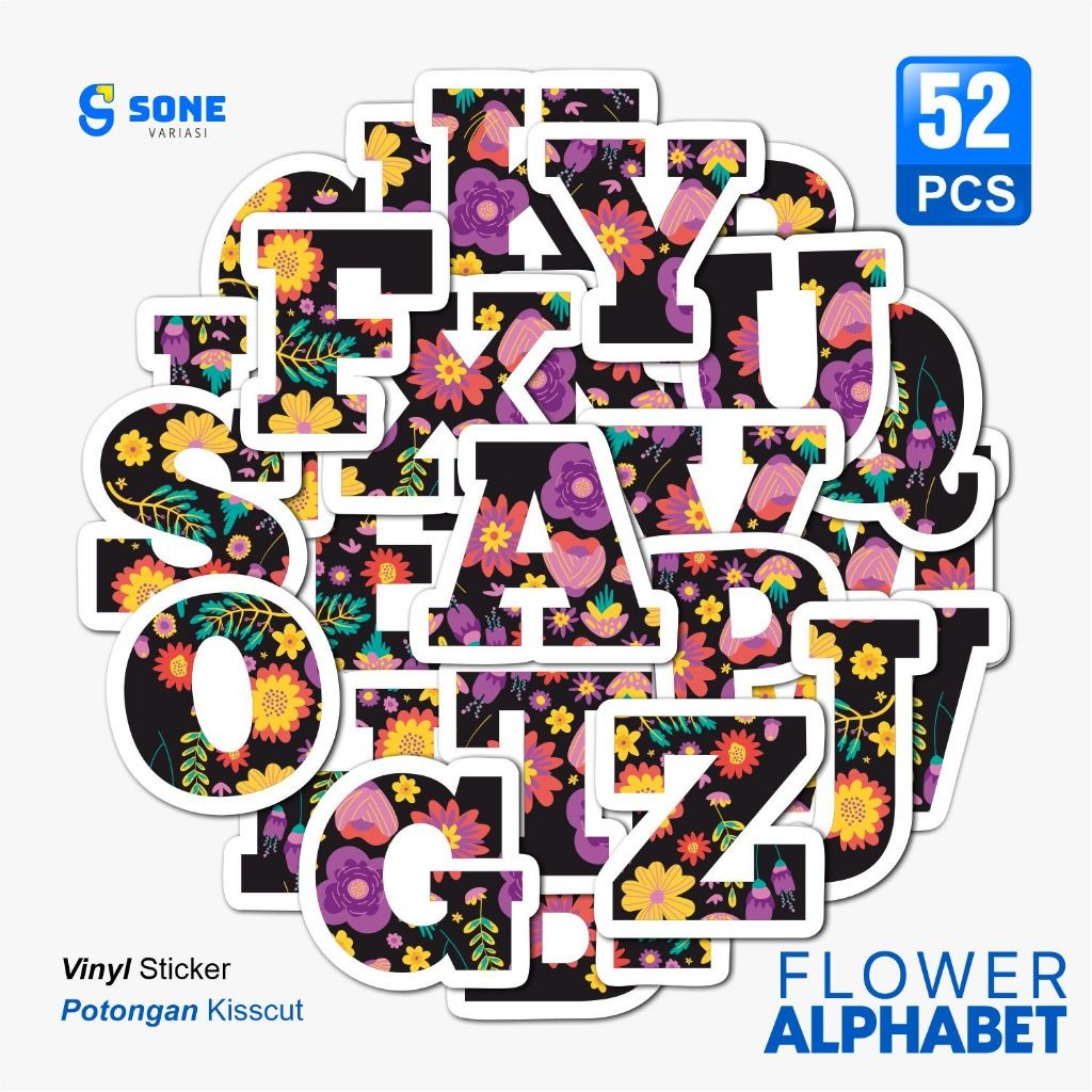 

Stiker Pack FLOWER ALPHABET / Sticker Kartun Anak Paper Vinyl Waterproof Glossy Dekorasi Buku Jurnal