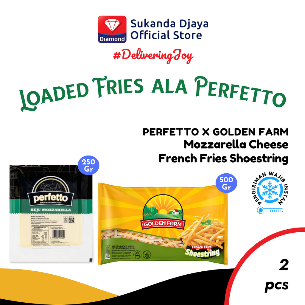 

Perfetto x Golden Farm Special Package - Perfetto Keju Mozzarella Cheese 250 gr + Golden Farm French Fries Shoestring Kentang Beku 500 Gr