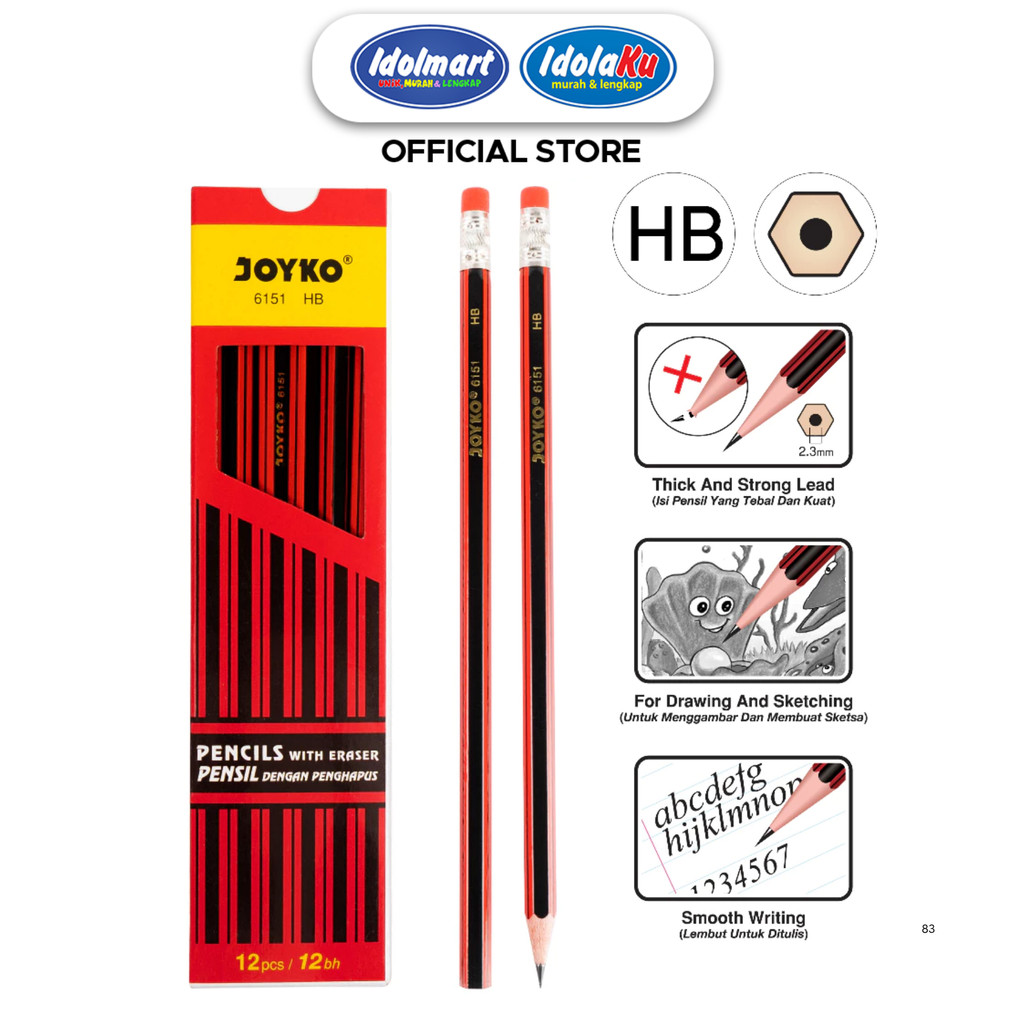 

IDOLMART Pensil Joyko 6151 HB dengan Penghapus Pensil Tulis & Gambar Berkualitas Satuan