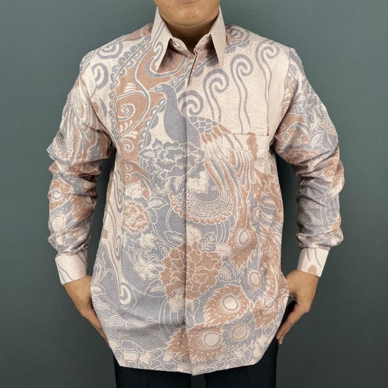Kemeja batik pria CREAM lengan panjang bahan doby lapis furing motif terbaru